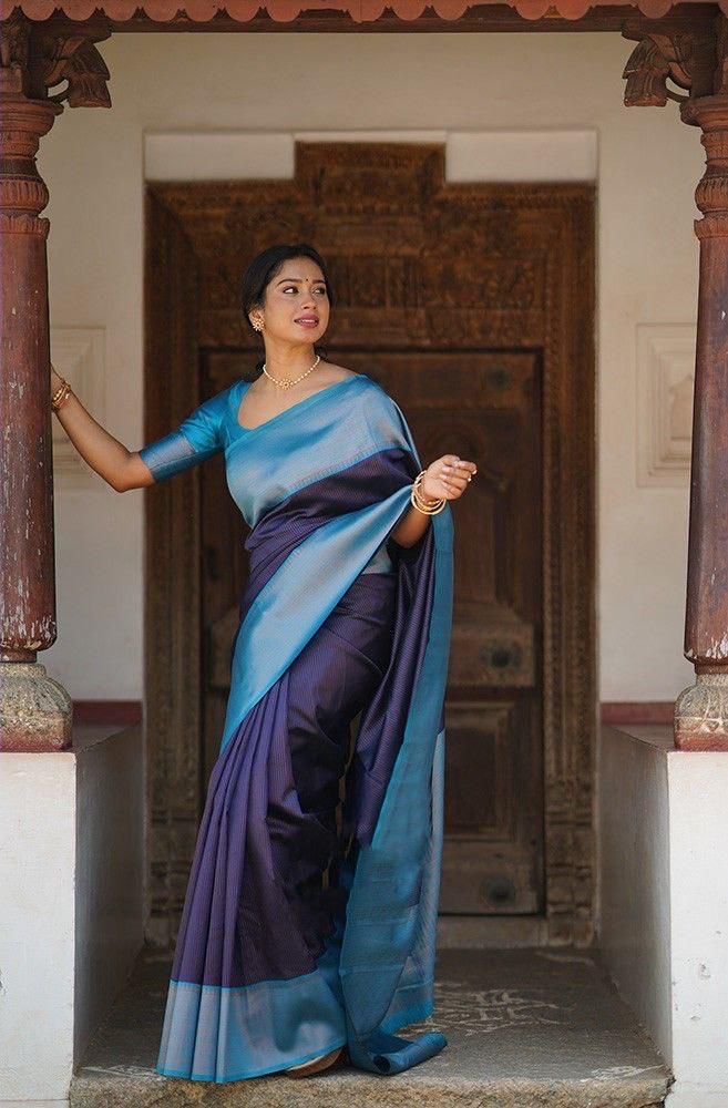 Stunning Blue Soft Silk Saree With Graceful Blouse Piece