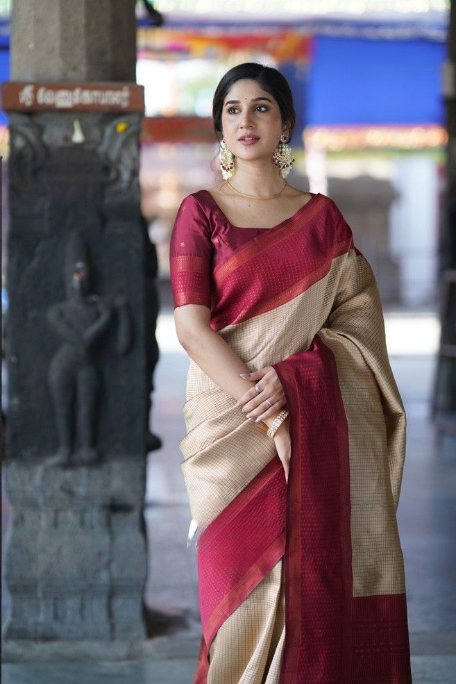 Gorgeous Beige Soft Silk Saree With Stunning Blouse Piece