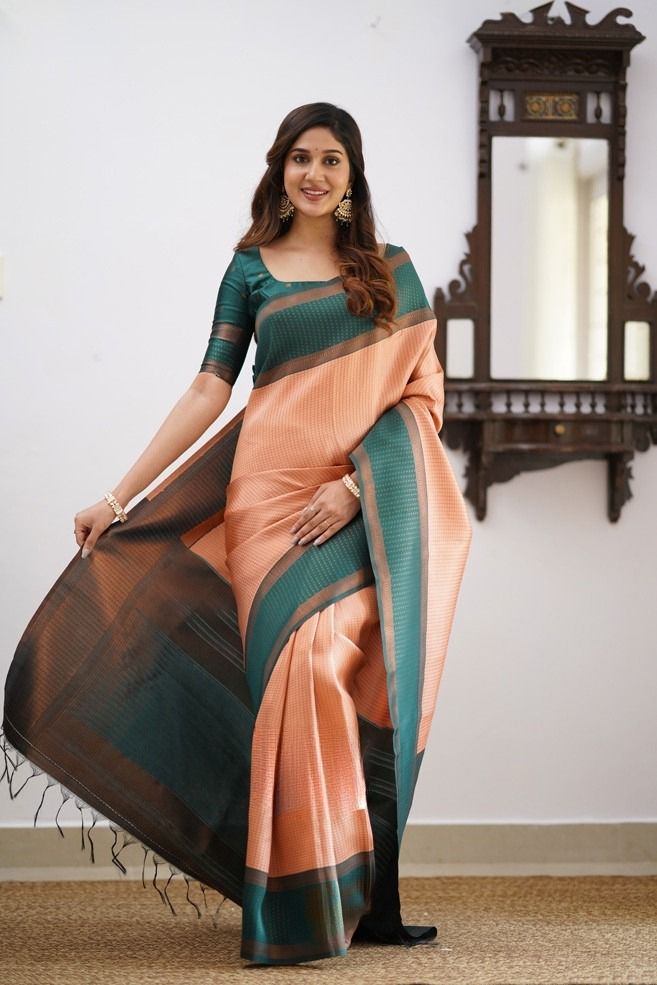 Elegant Peach Soft Silk Saree With Breathtaking Blouse Piece