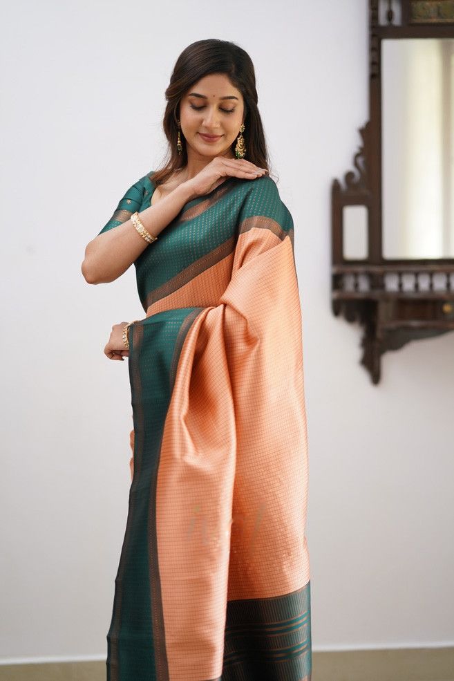 Elegant Peach Soft Silk Saree With Breathtaking Blouse Piece
