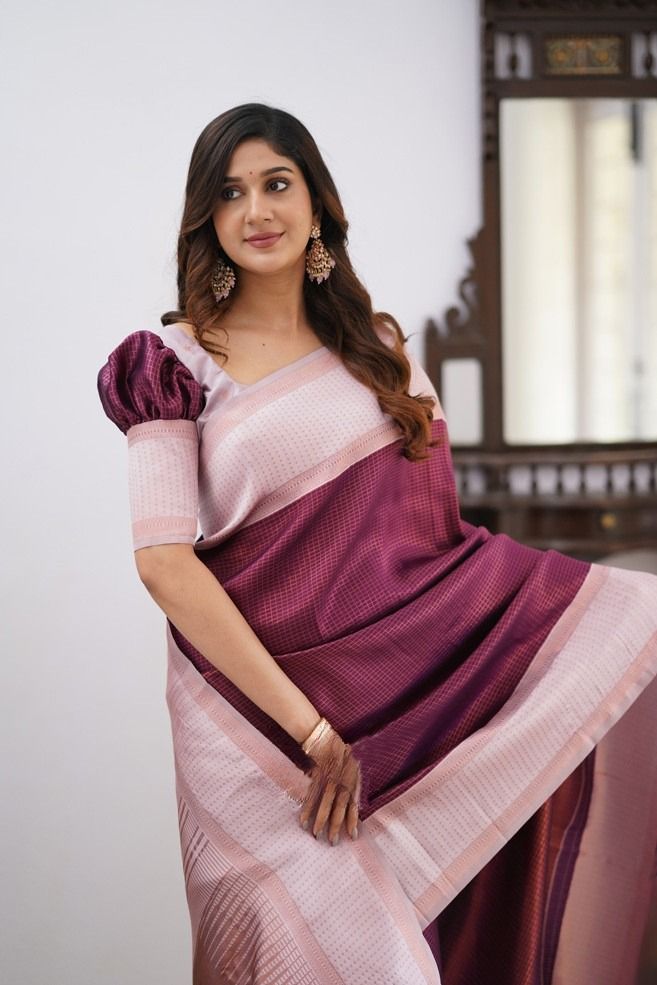 Exquisite Wine Soft Silk Saree With Lovely Blouse Piece