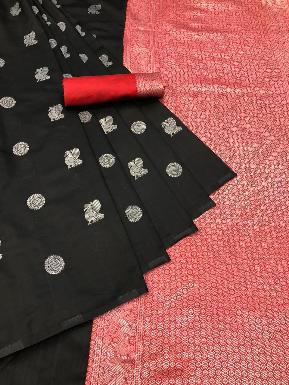 Magnetic Black Soft Silk Saree With Pretty Blouse Piece