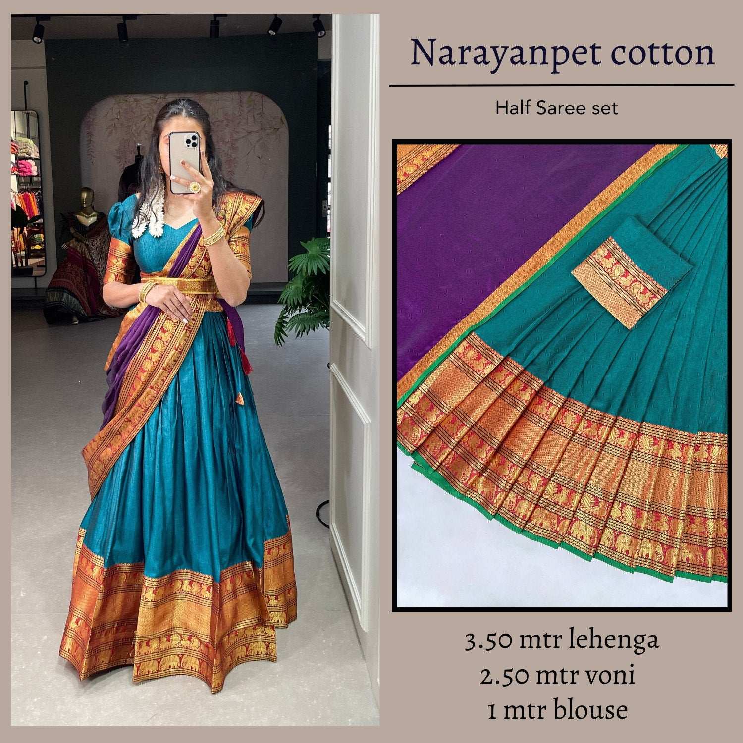 Authentic Narayanpet Half Saree in Royal Blue with Pink Voni and Zari Border
