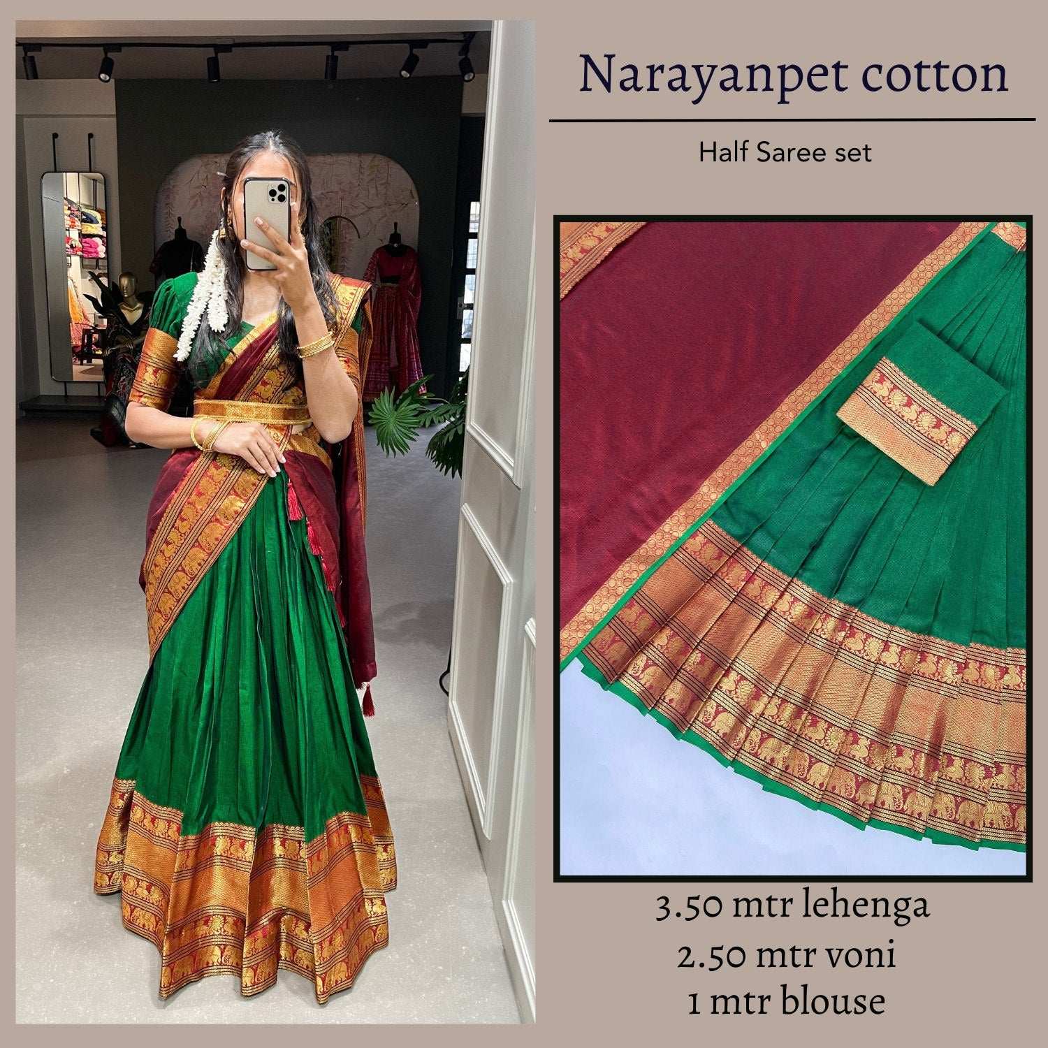 Classic Narayanpet Half Saree in Green with Mustard Zari Voni for Traditional Wear
