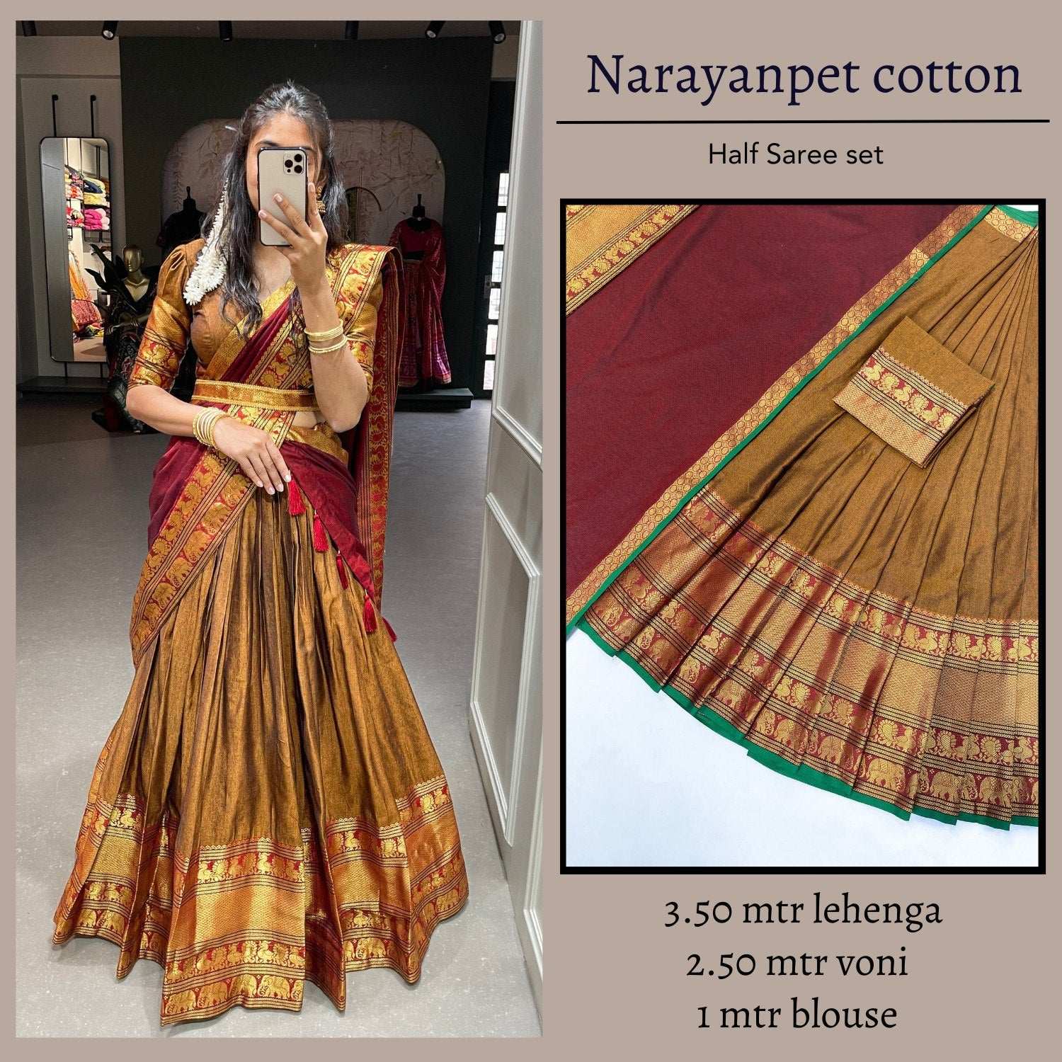 Vibrant Magenta Narayanpet Half Saree Set with Rich Golden Zari Voni
