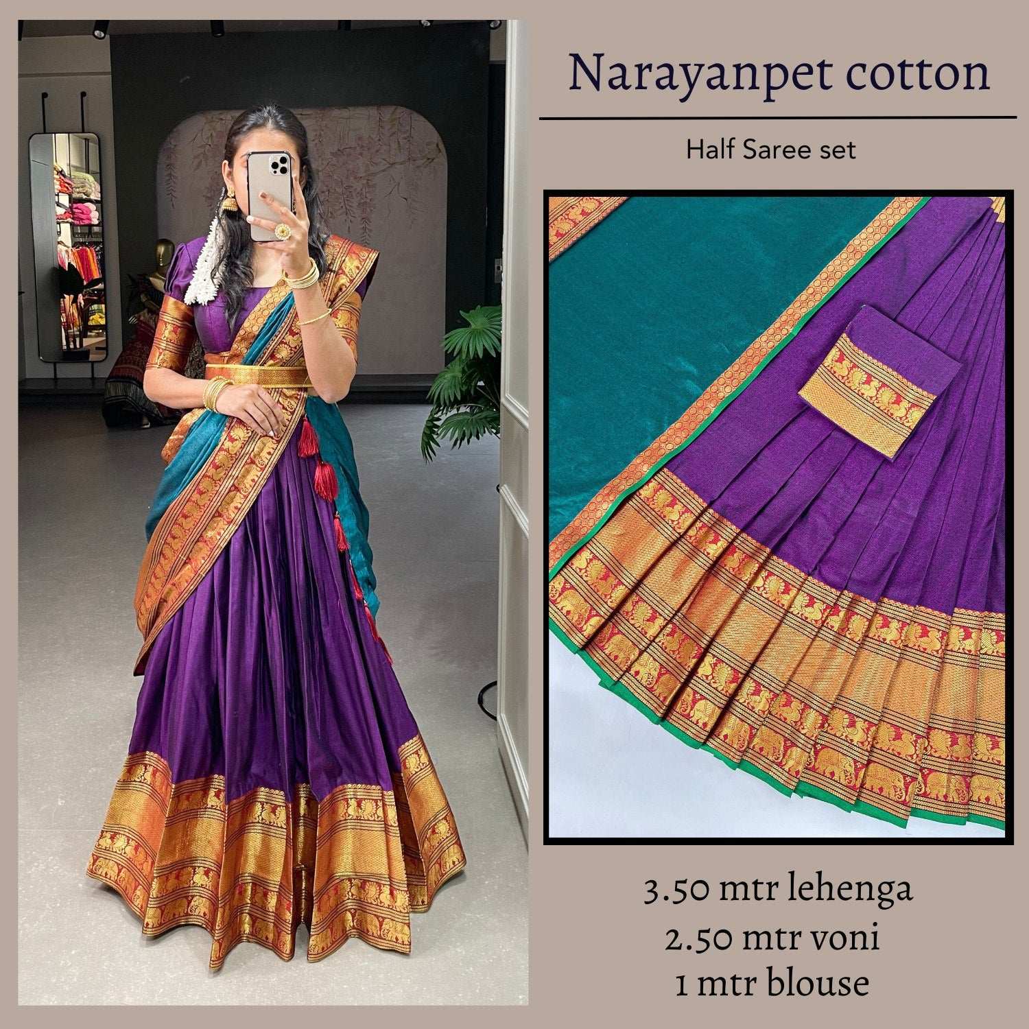 Elegant Narayanpet Half Saree in Deep Purple with Mustard Voni - Zari Weaving
