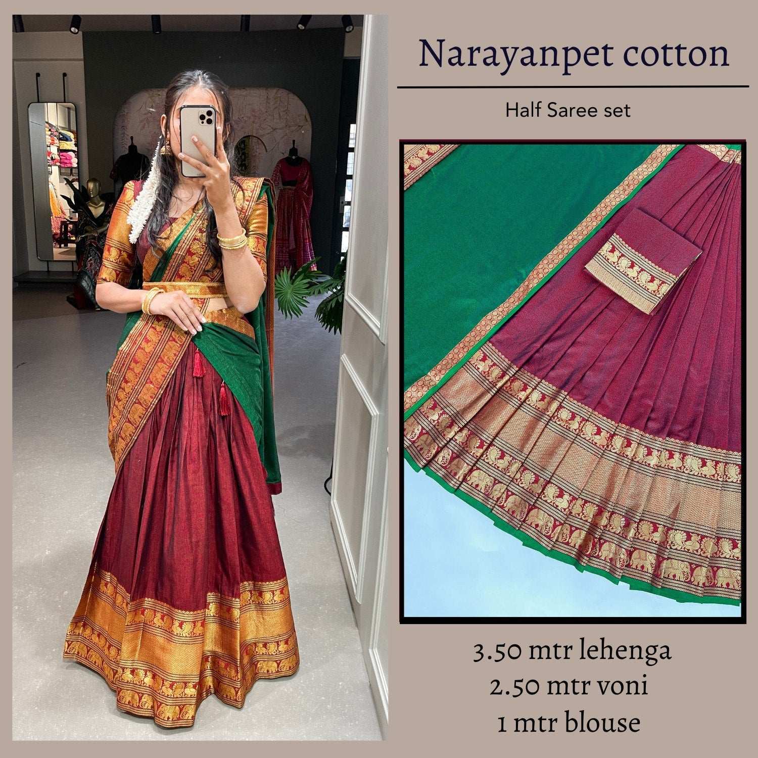 South Indian Narayanpet Red Half Saree with Contrasting Green Voni and Zari Work

