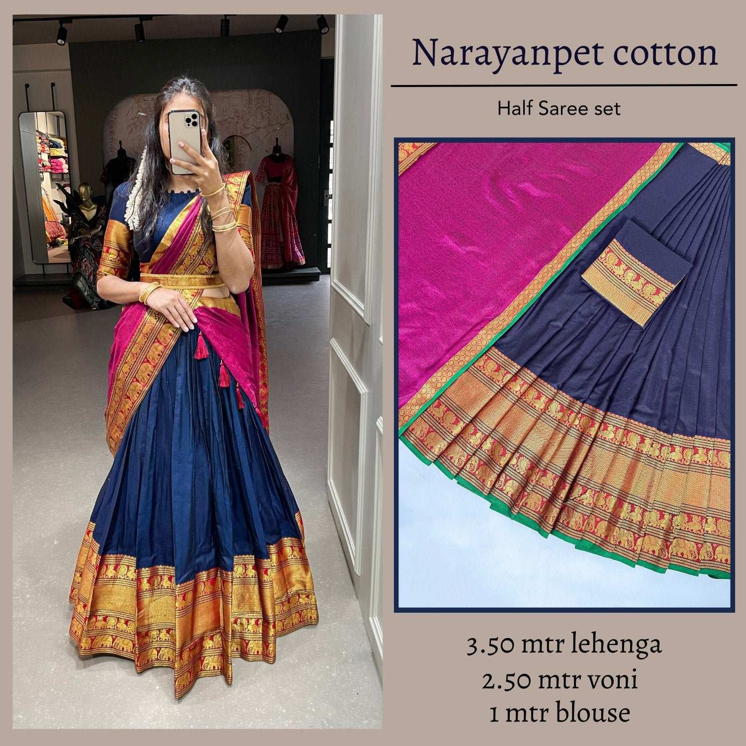South Indian Narayanpet Red Half Saree with Contrasting Green Voni and Zari Work

