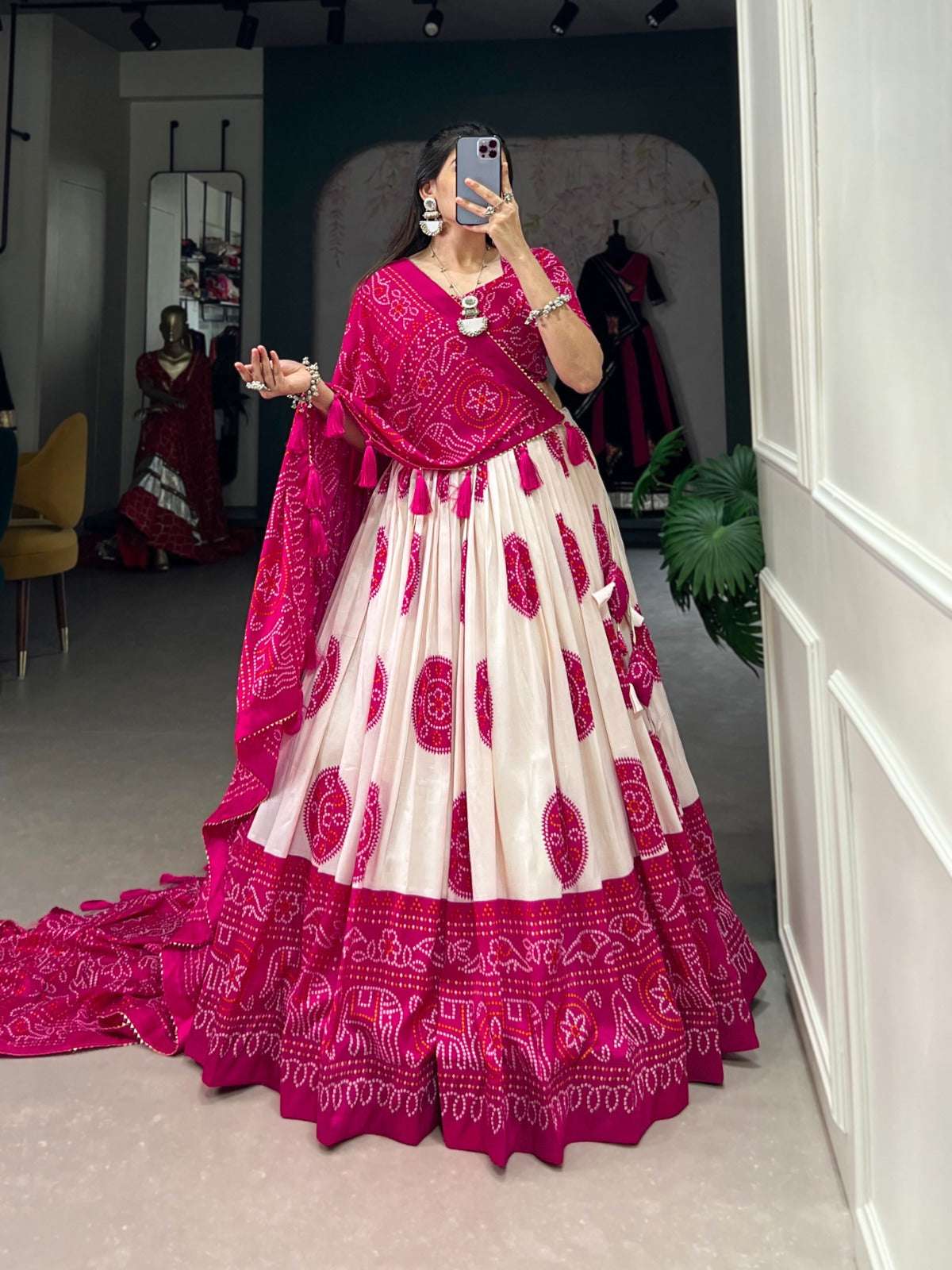 Pink Tussar Silk Bandhej Lehenga Choli