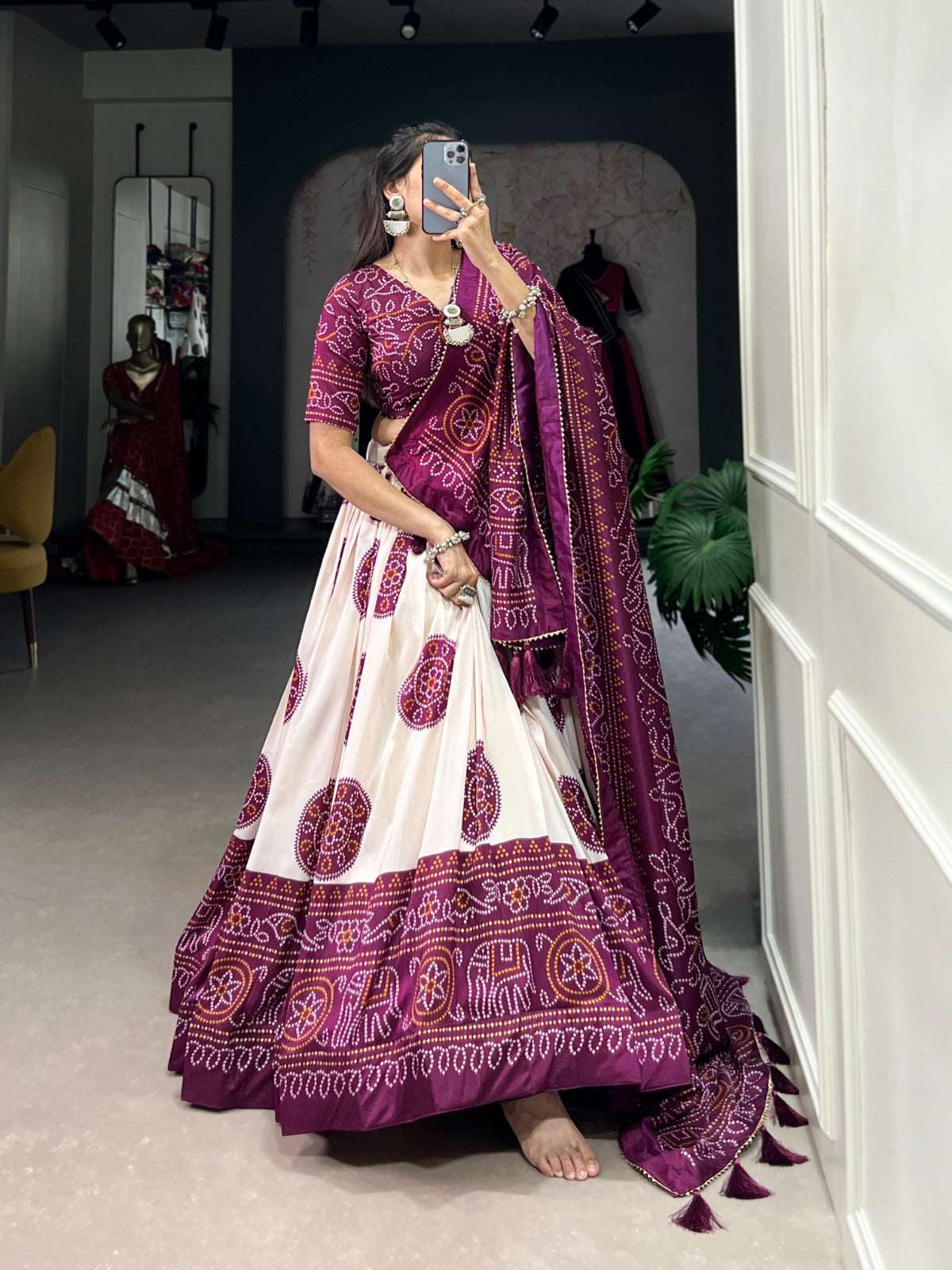 Purple Tussar Silk Bandhej Lehenga Choli