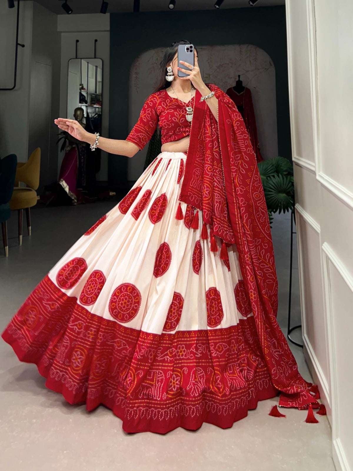 Red Tussar Silk Bandhej Lehenga Choli