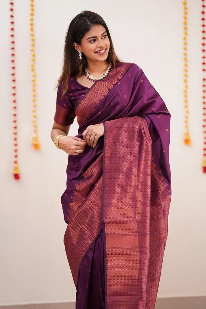 Moiety Purple Soft Silk Saree With Impressive Blouse Piece