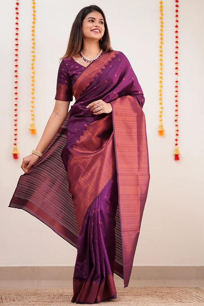 Moiety Purple Soft Silk Saree With Impressive Blouse Piece
