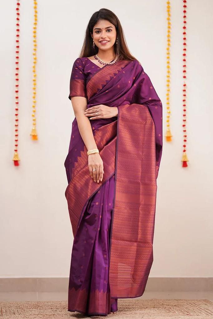 Moiety Purple Soft Silk Saree With Impressive Blouse Piece
