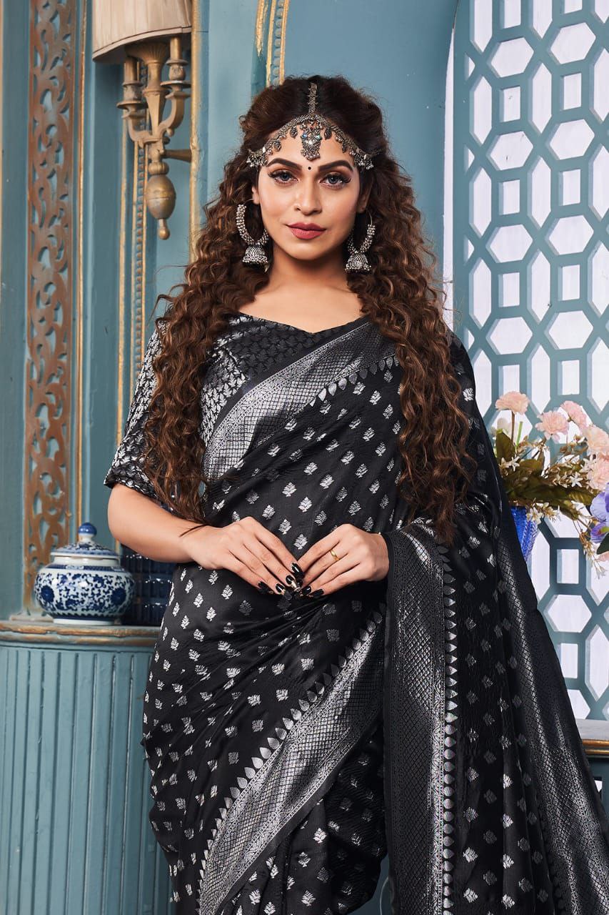 Fancifull Black Soft Silk Saree With Propinquity Blouse Piece