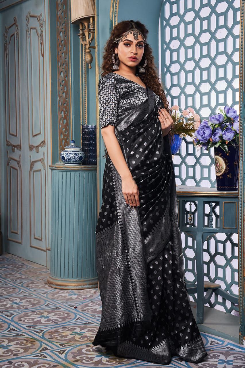 Fancifull Black Soft Silk Saree With Propinquity Blouse Piece
