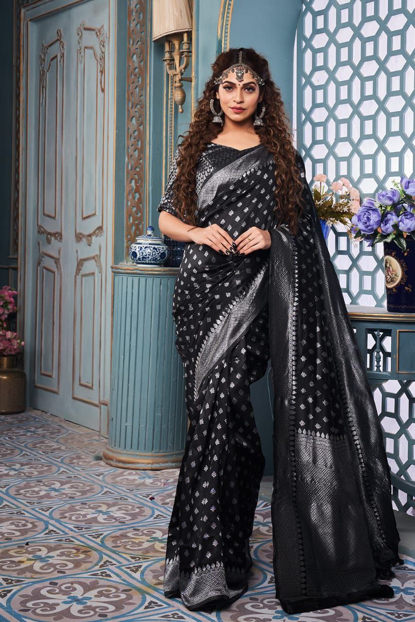 Fancifull Black Soft Silk Saree With Propinquity Blouse Piece