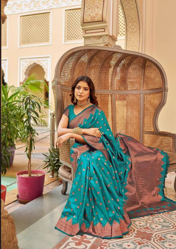 Tuneful Firozi Soft Silk Saree With Graceful Blouse Piece