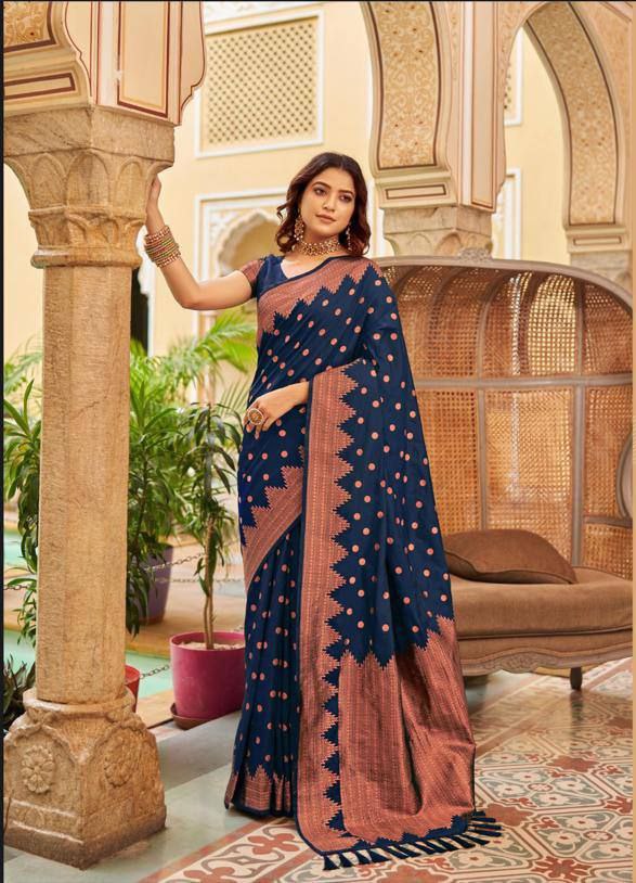 Melodic Navy Blue Soft Silk Saree With Graceful Blouse Piece