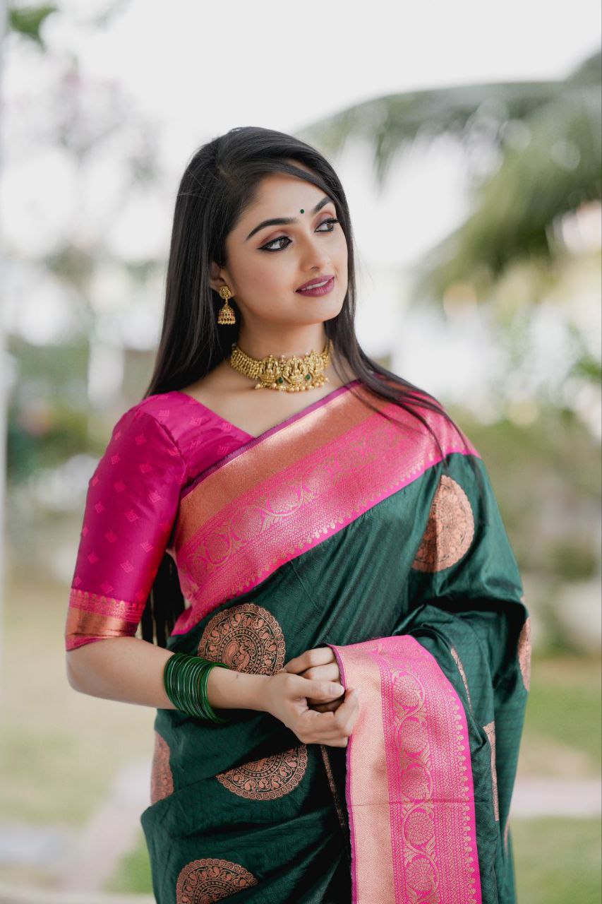 Satisfying Green Soft Silk Saree With Pleasing Blouse Piece