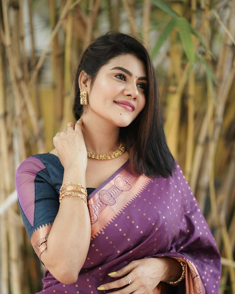 Hypnotic Purple Soft Silk Saree With Captivating Blouse Piece