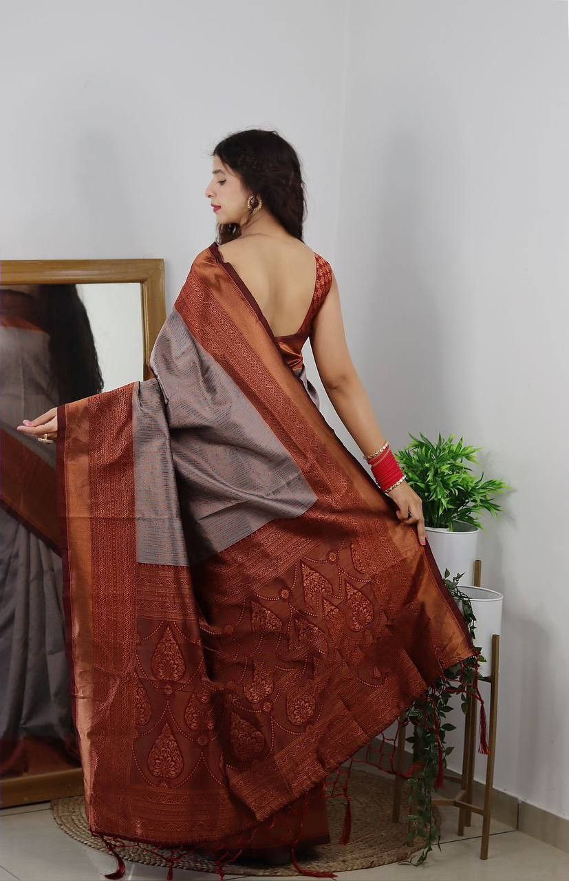 Enrapturing Grey Soft Silk Saree With Alluring Blouse Piece