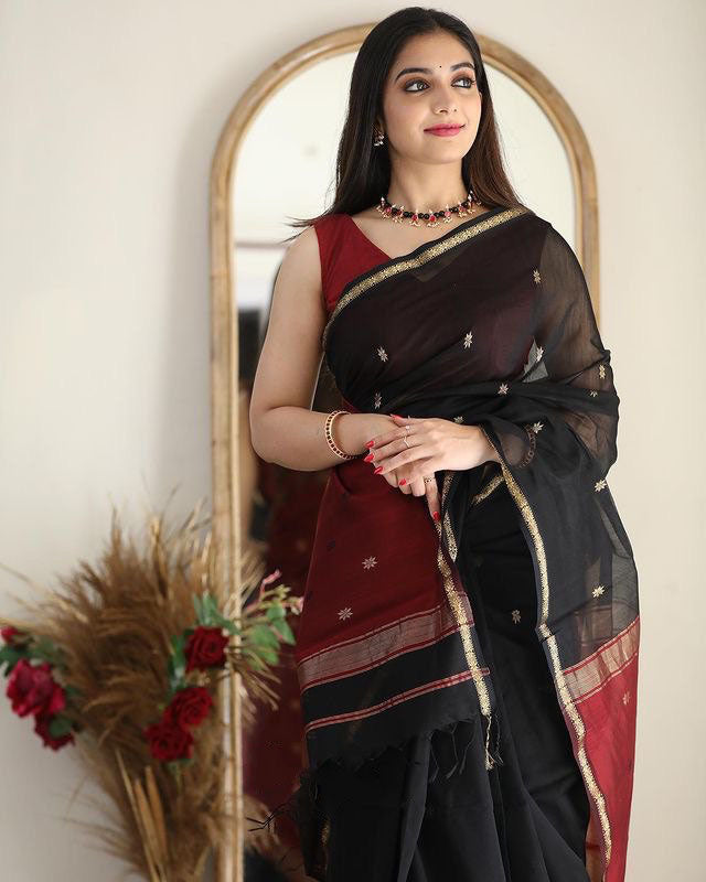 Attractive Black Cotton Silk Saree With Lovely Blouse Piece