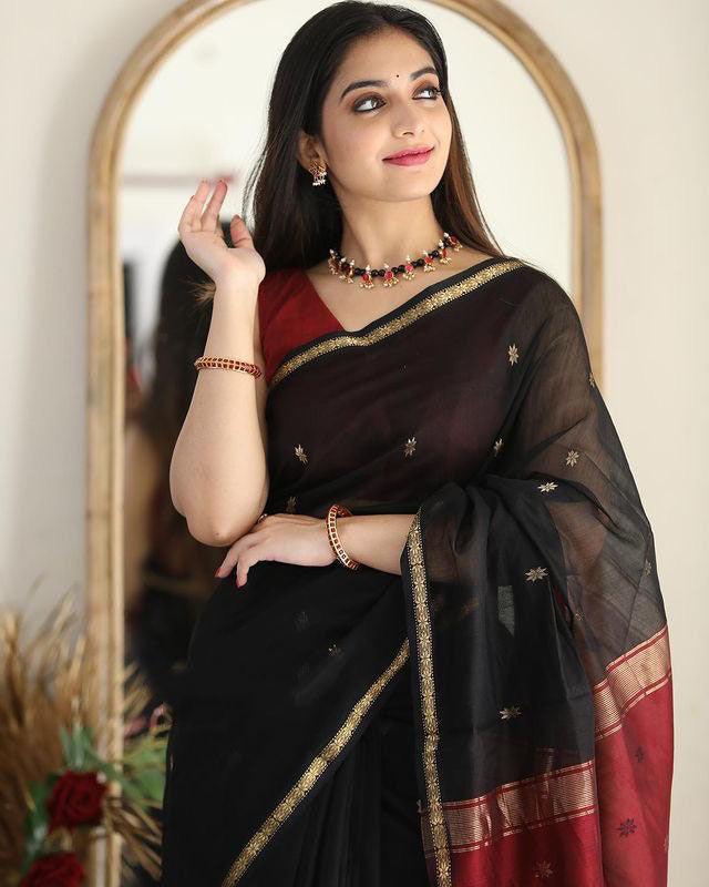 Attractive Black Cotton Silk Saree With Lovely Blouse Piece