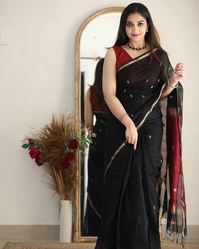 Attractive Black Cotton Silk Saree With Lovely Blouse Piece