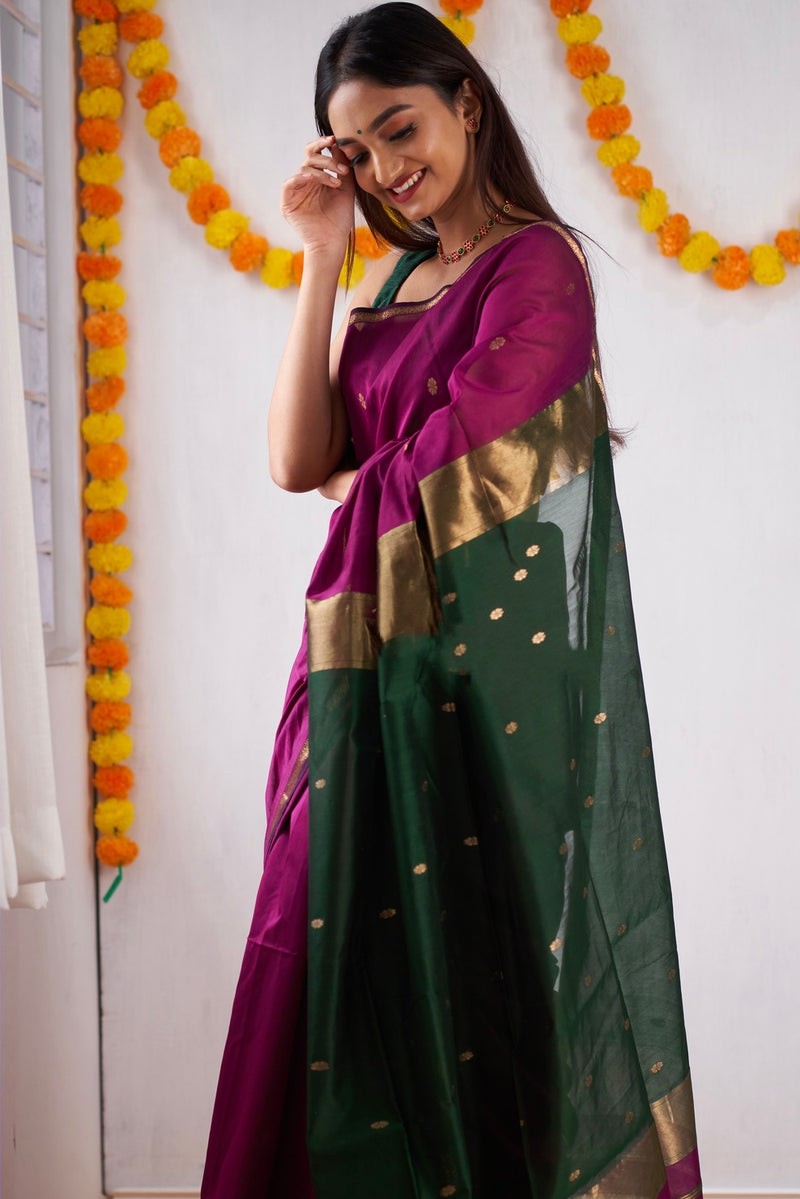 Attractive Dark Pink Cotton Silk Saree With Lovely Blouse Piece