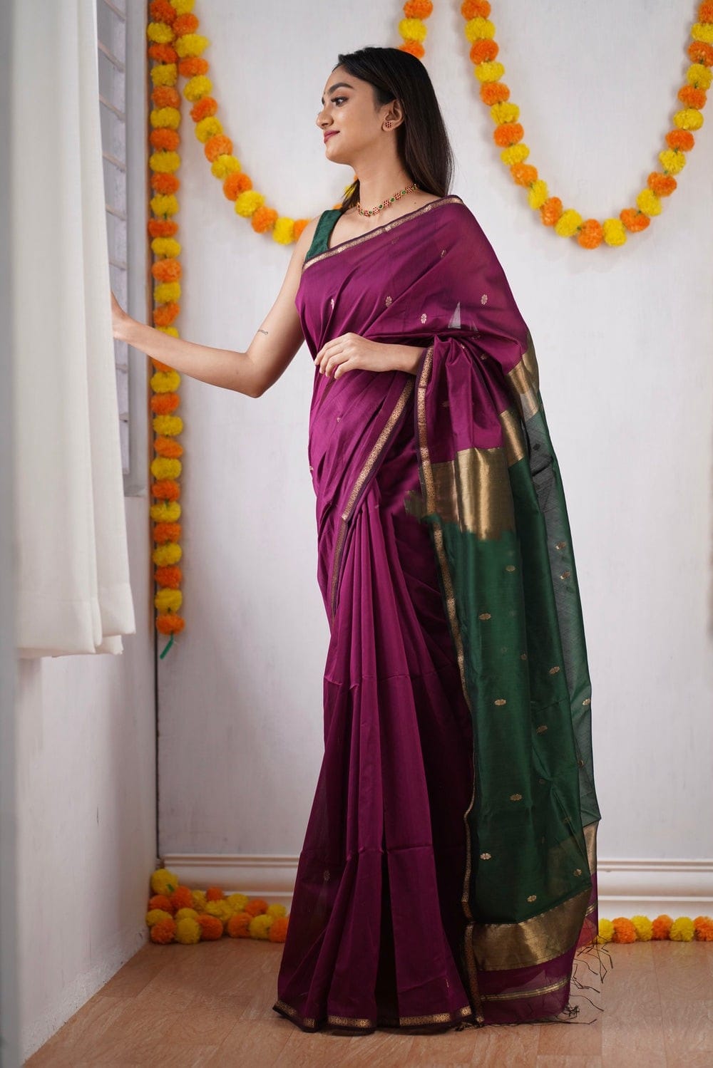 Attractive Dark Pink Cotton Silk Saree With Lovely Blouse Piece