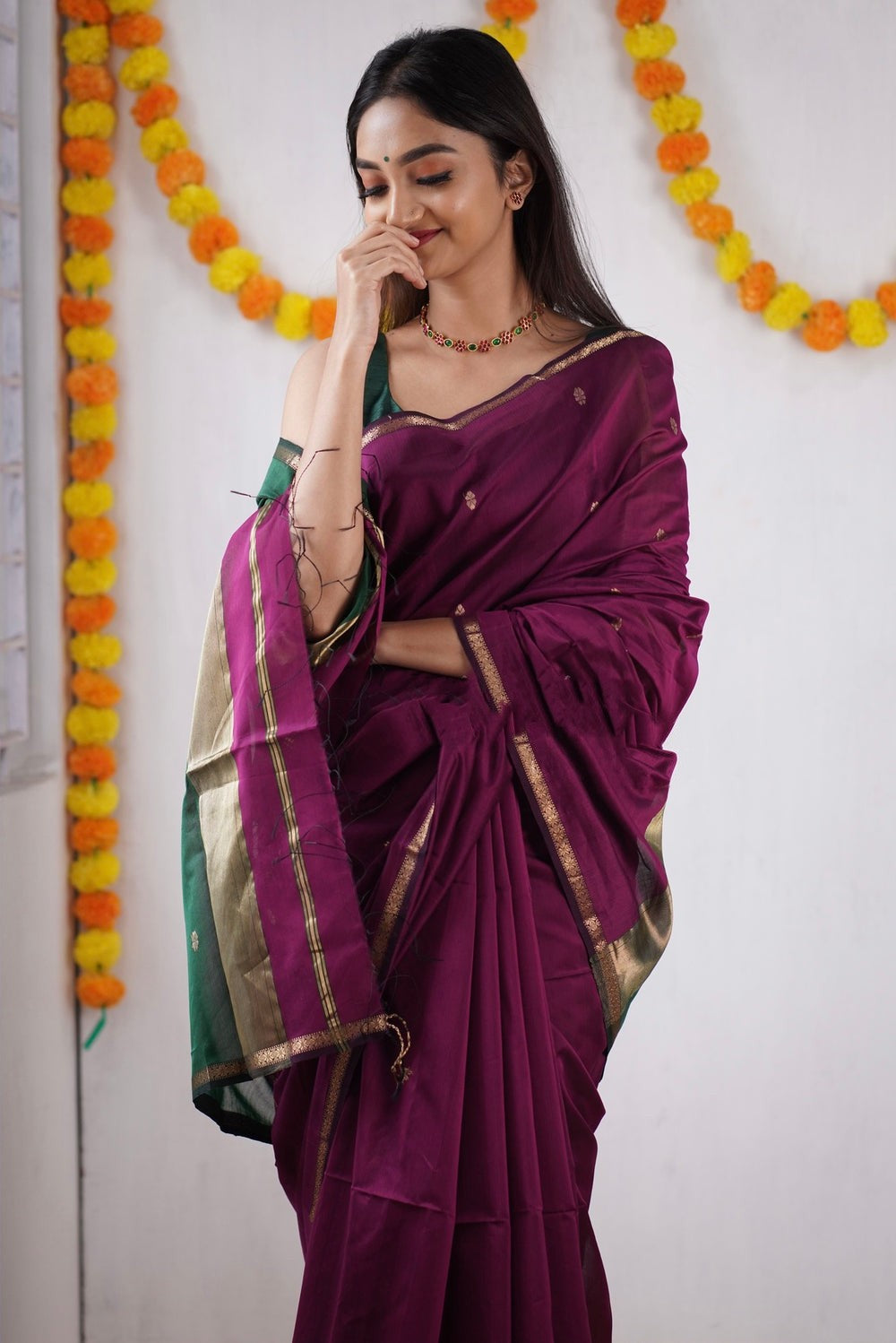 Attractive Dark Pink Cotton Silk Saree With Lovely Blouse Piece