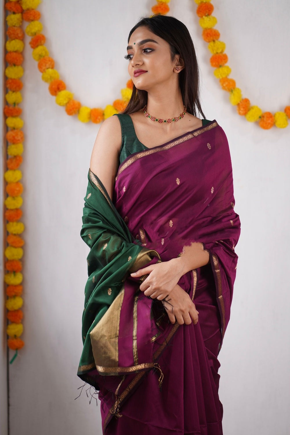Attractive Dark Pink Cotton Silk Saree With Lovely Blouse Piece