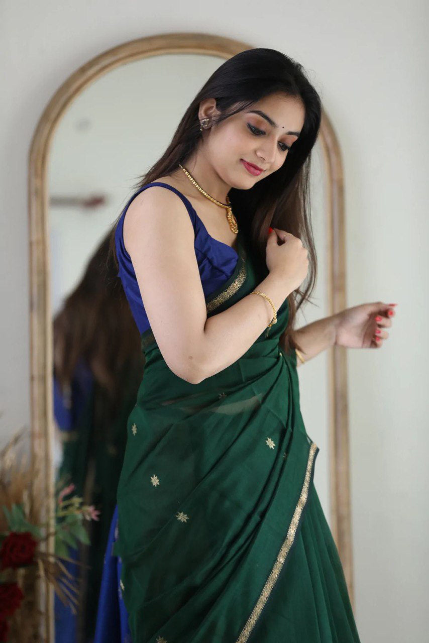 Attractive Green Cotton Silk Saree With Lovely Blouse Piece