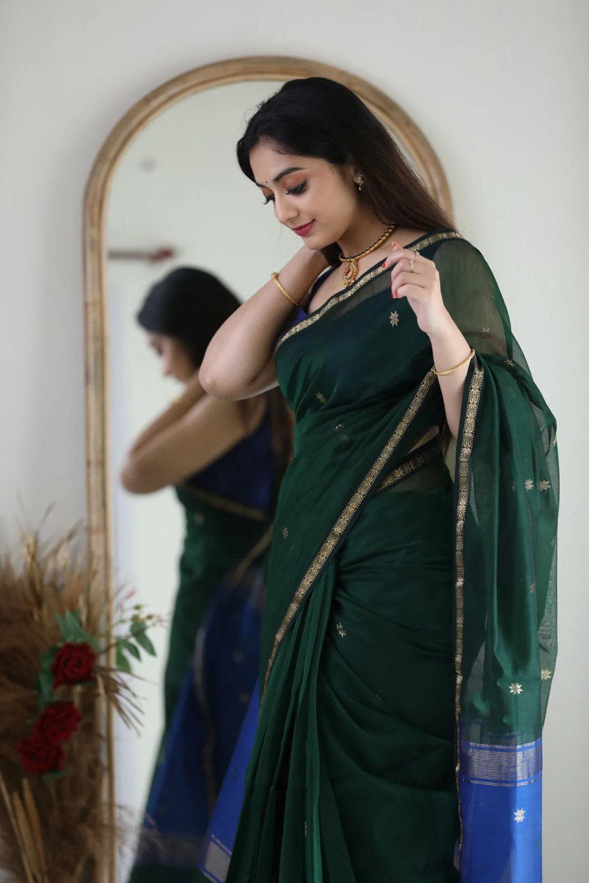 Attractive Green Cotton Silk Saree With Lovely Blouse Piece