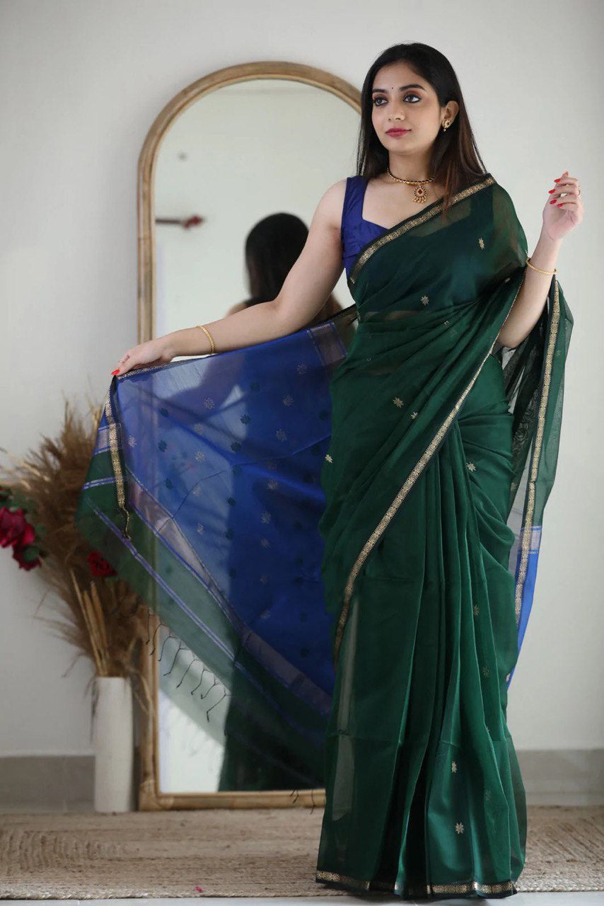 Attractive Green Cotton Silk Saree With Lovely Blouse Piece