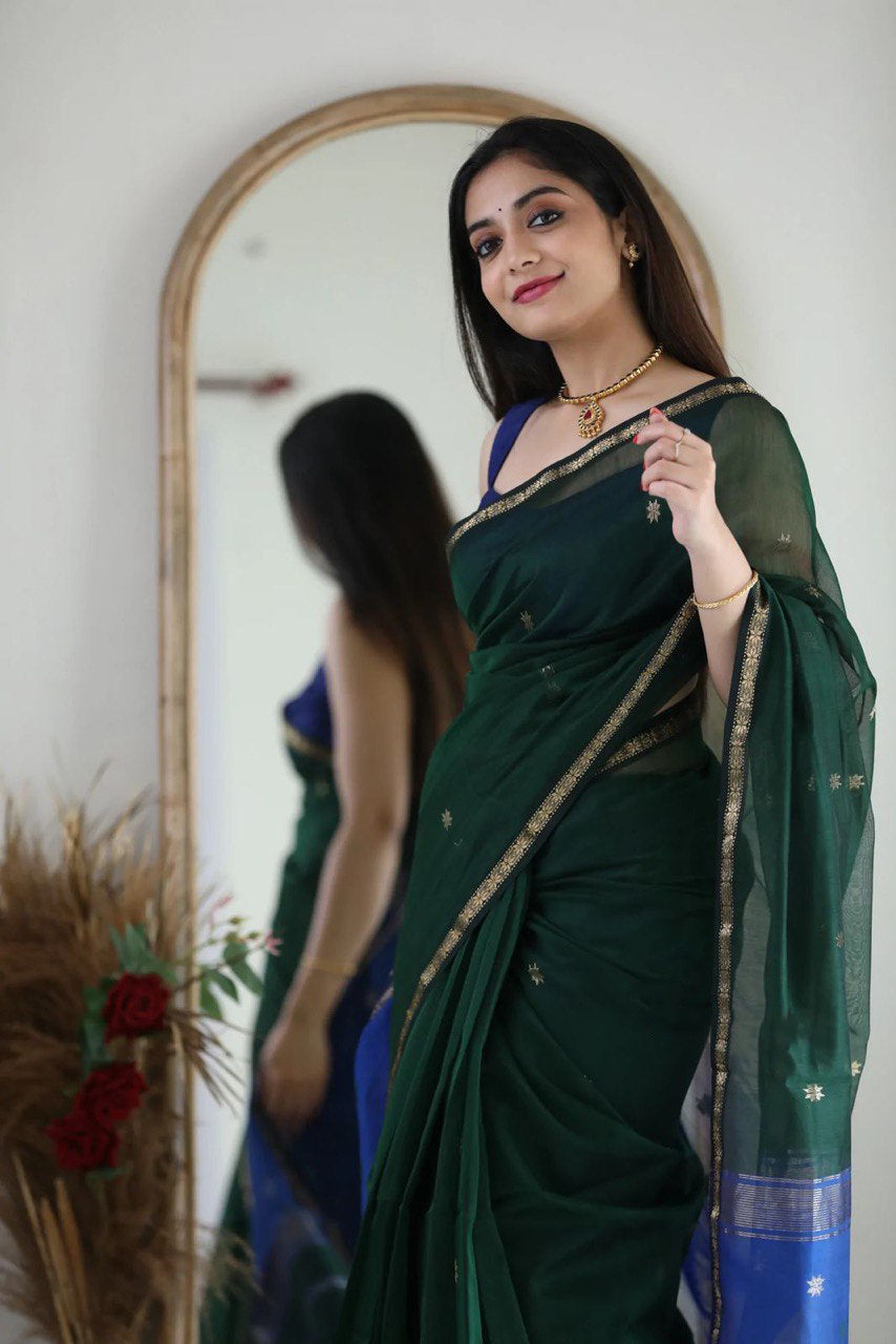 Attractive Green Cotton Silk Saree With Lovely Blouse Piece