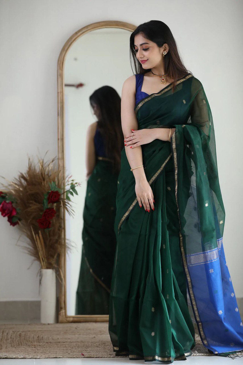 Attractive Green Cotton Silk Saree With Lovely Blouse Piece