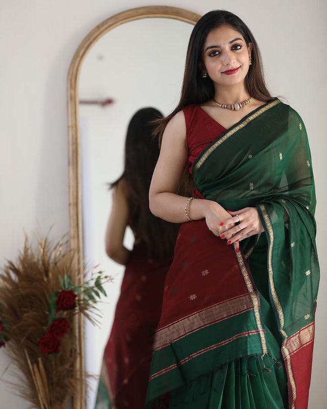 Attractive Green Cotton Silk Saree With Lovely Blouse Piece