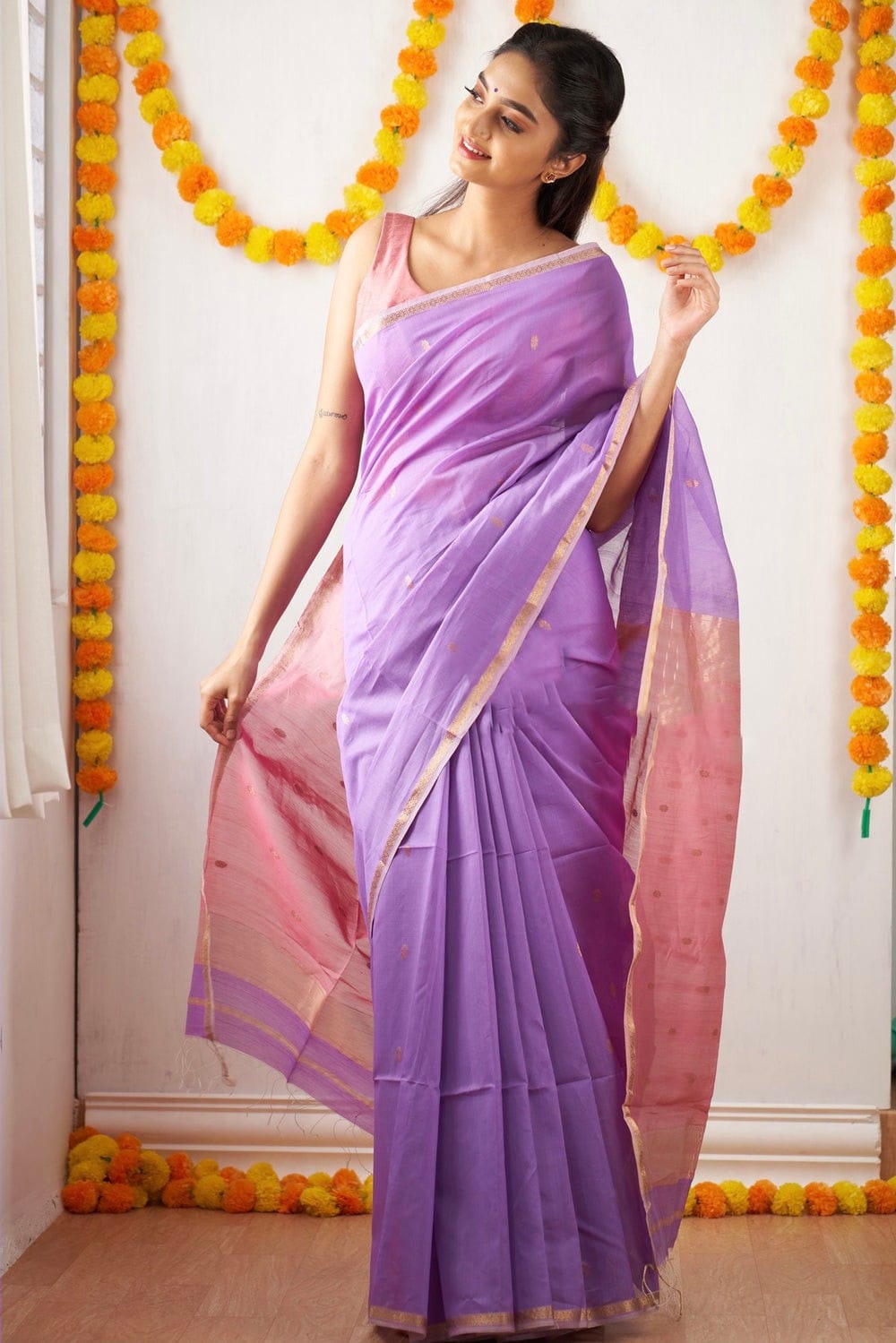 Attractive Lavender Cotton Silk Saree With Lovely Blouse Piece