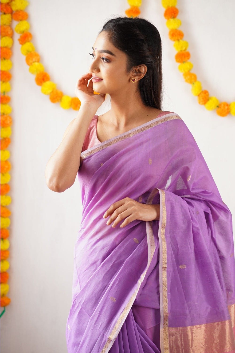 Attractive Lavender Cotton Silk Saree With Lovely Blouse Piece