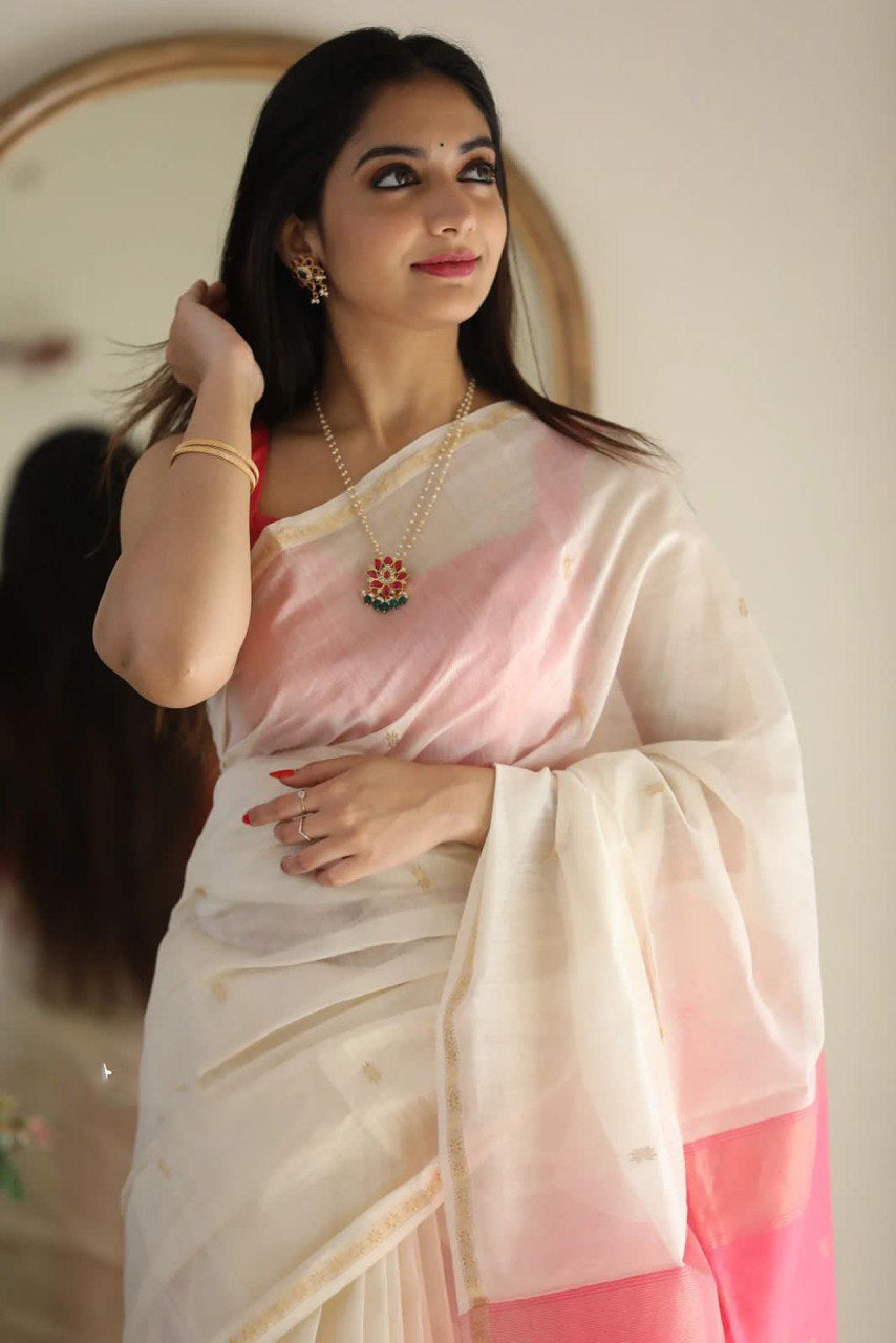 Attractive Off White Cotton Silk Saree With Lovely Blouse Piece