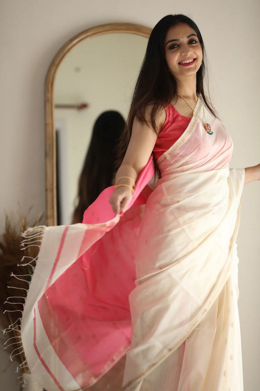 Attractive Off White Cotton Silk Saree With Lovely Blouse Piece
