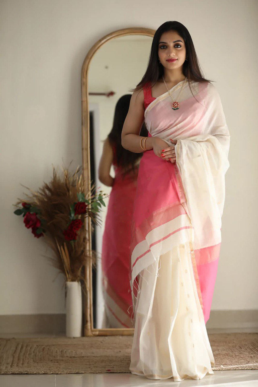 Attractive Off White Cotton Silk Saree With Lovely Blouse Piece