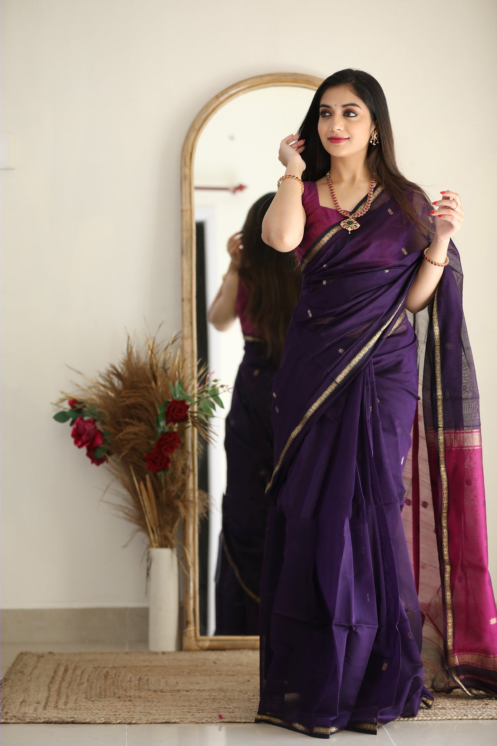 Attractive Purple Cotton Silk Saree With Lovely Blouse Piece