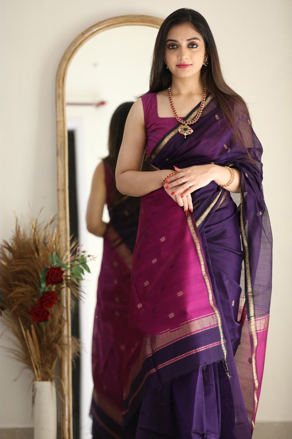 Attractive Purple Cotton Silk Saree With Lovely Blouse Piece