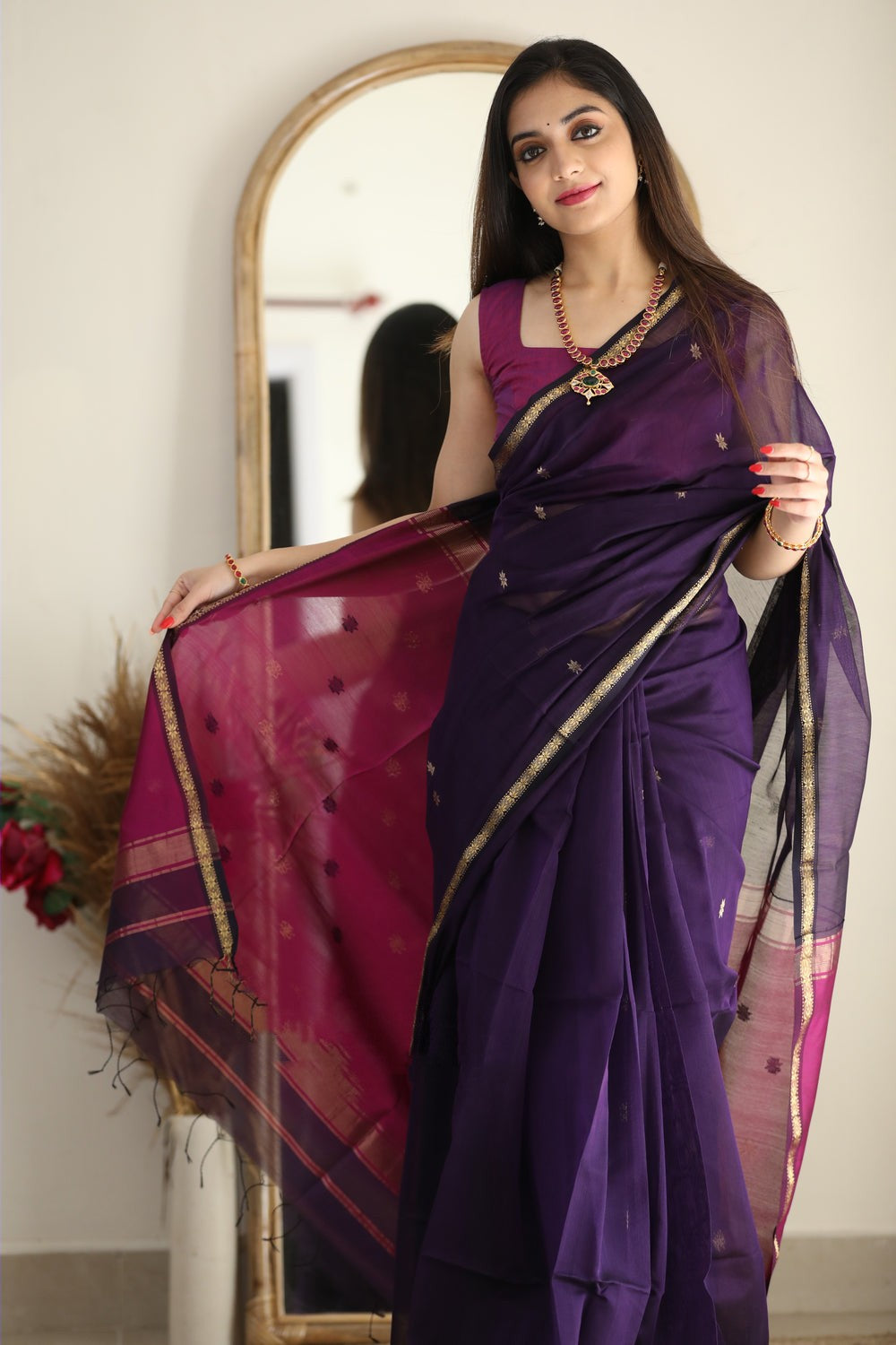 Attractive Purple Cotton Silk Saree With Lovely Blouse Piece