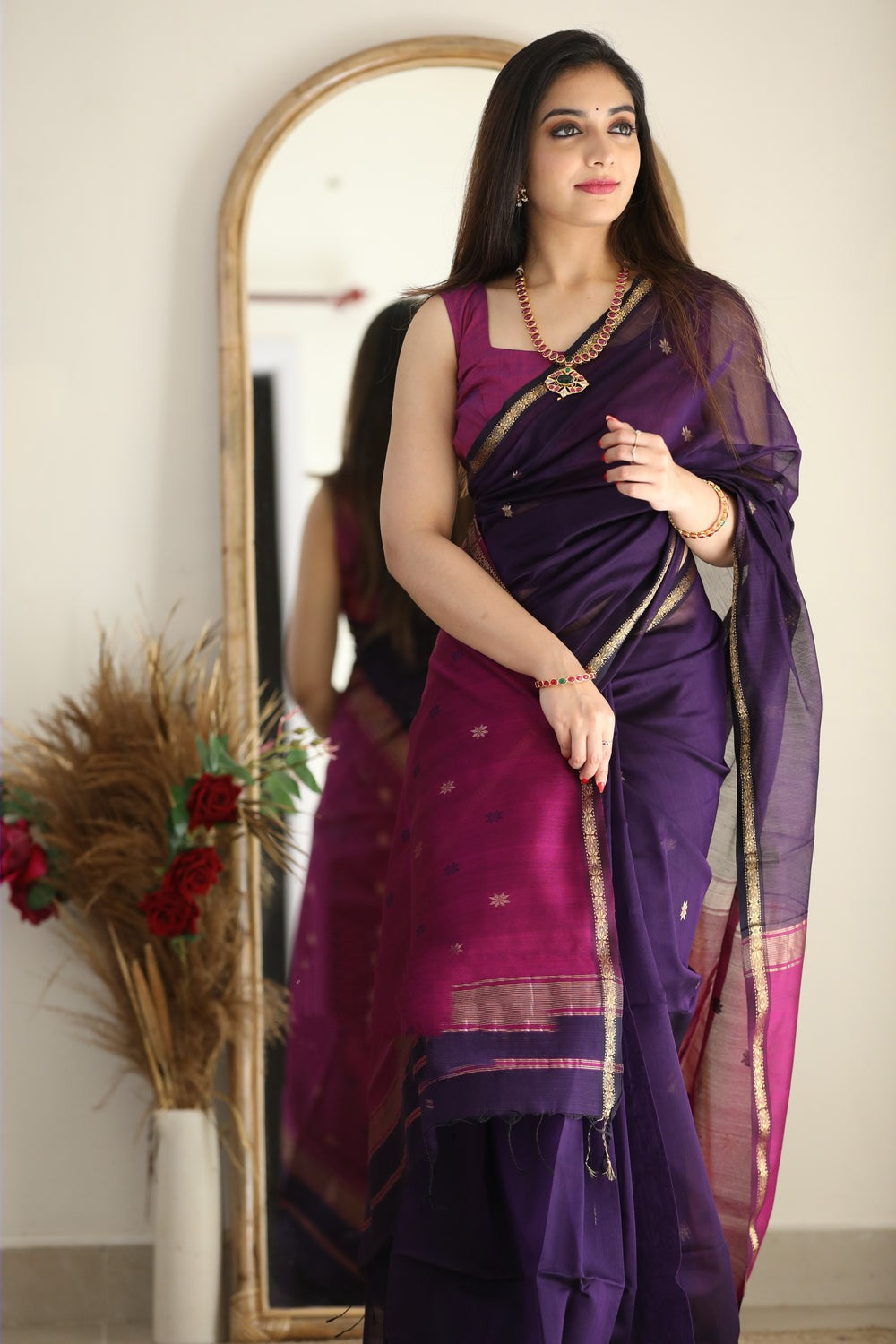 Attractive Purple Cotton Silk Saree With Lovely Blouse Piece