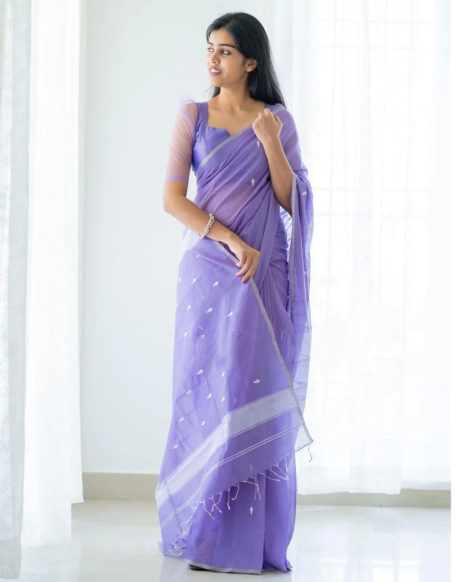 Stunning Lavender Cotton Silk Saree With Gorgeous Blouse Piece