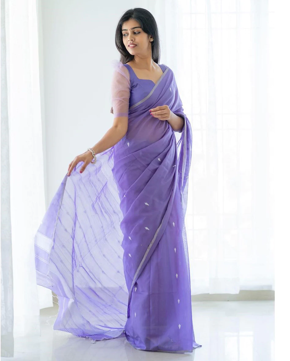 Stunning Lavender Cotton Silk Saree With Gorgeous Blouse Piece